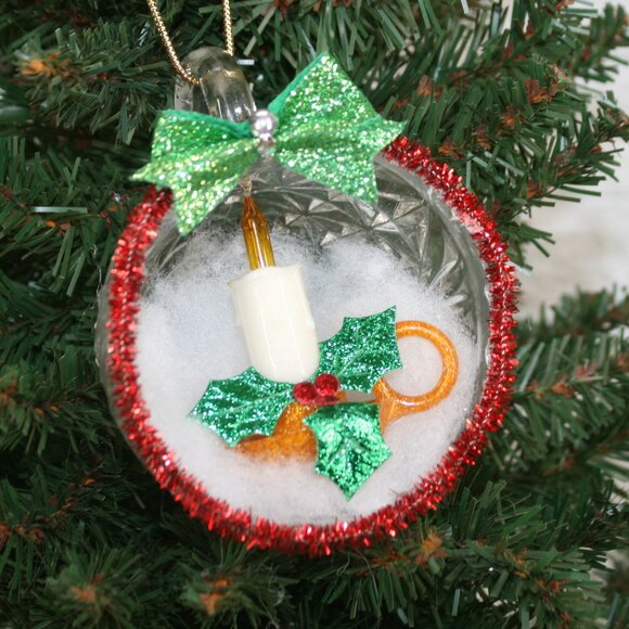 HAND CRAFTED Christmas Ornament Upcyled Vintag Glass Teacup Candle Scene Red - Picture 1 of 10